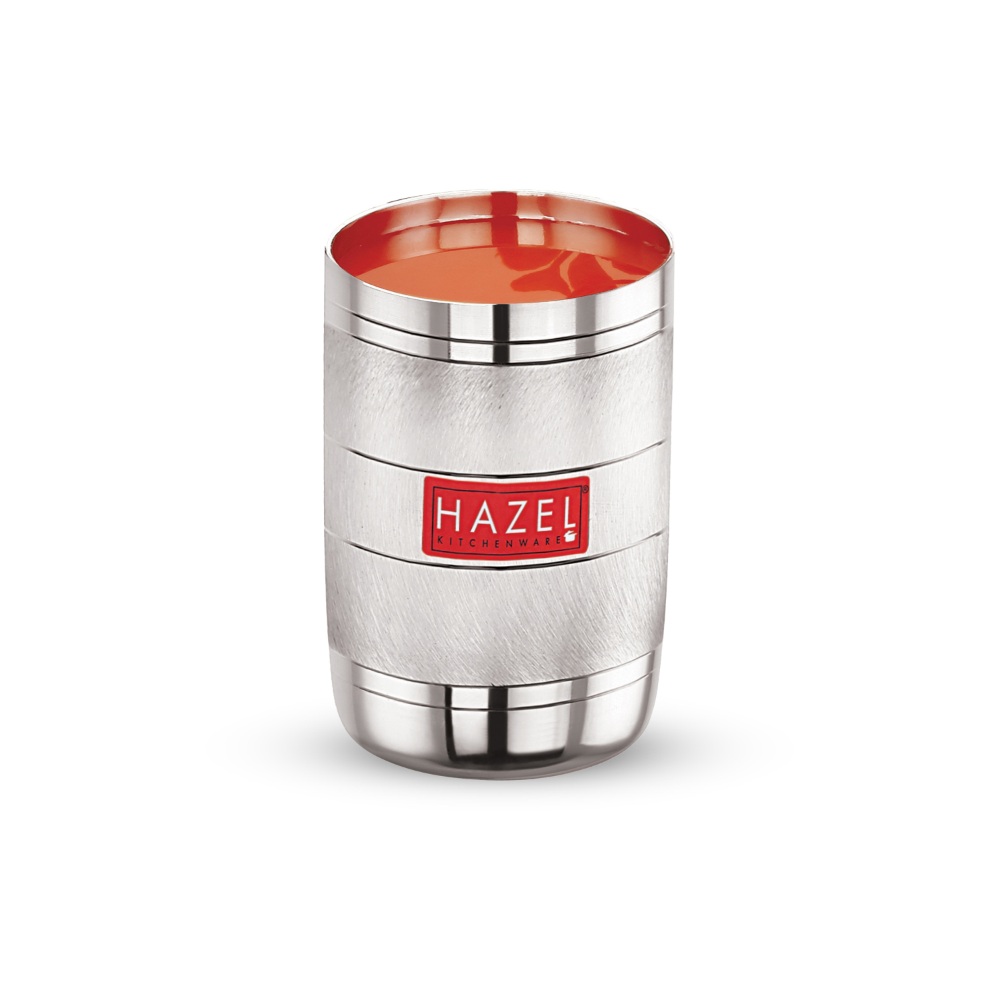 HAZEL Drinking Glasses Set of 6 | Stainless Steel Unbreakable Glass Set with Glossy Finish Design & Dishwasher Safe, 350 ML