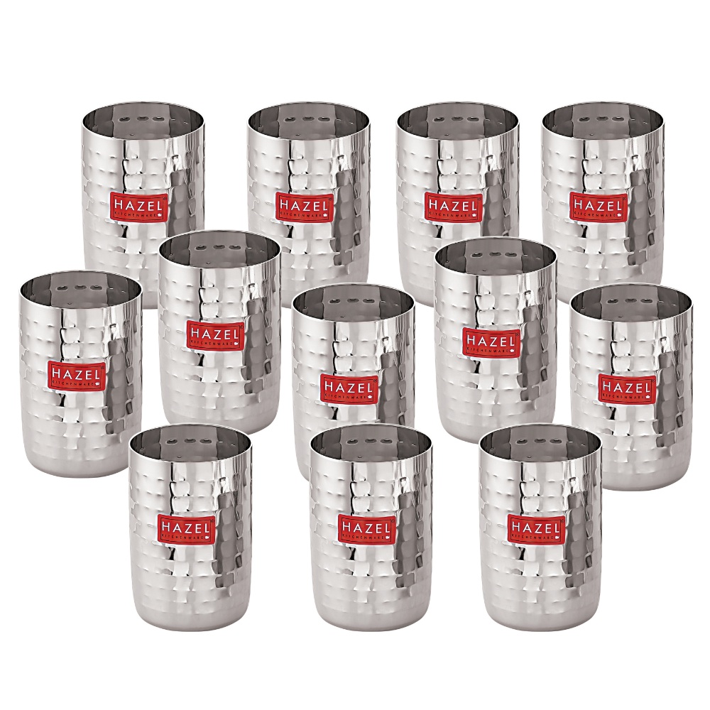 HAZEL Stainless Steel Glasses Set of 12 for Water &  Juice | Hammered Finish Design Unbreakable Glass Set with Glossy Finish Design & Dishwasher Safe, 350 ML