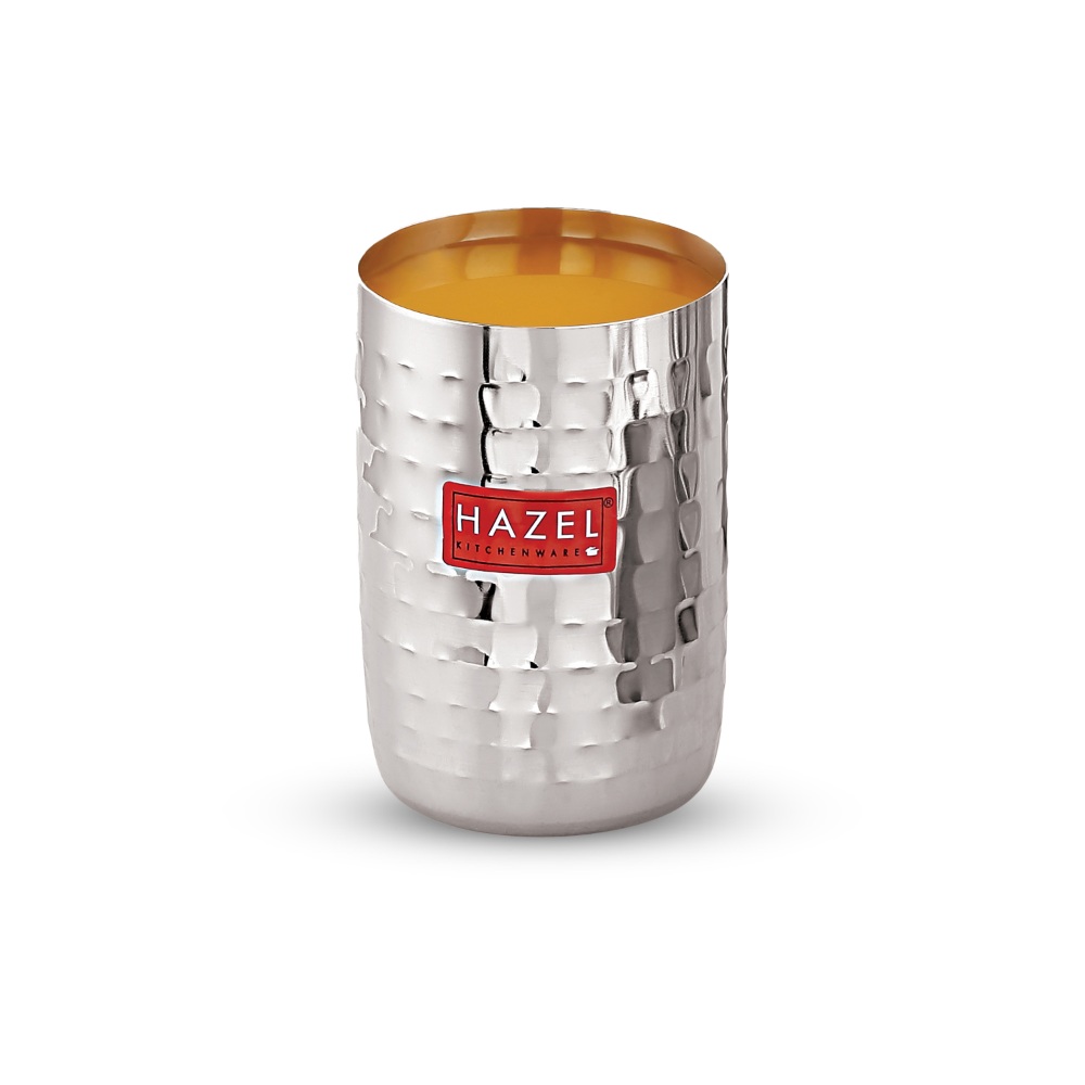 HAZEL Stainless Steel Glasses Set of 12 for Water &  Juice | Hammered Finish Design Unbreakable Glass Set with Glossy Finish Design & Dishwasher Safe, 350 ML