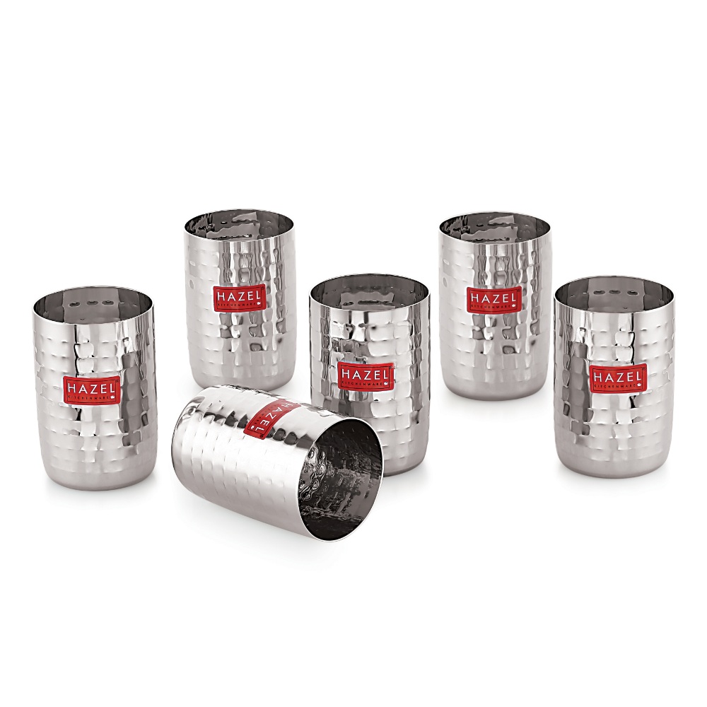 HAZEL Stainless Steel Glasses Set of 6 for Water &  Juice | Hammered Finish Design Unbreakable Glass Set with Glossy Finish Design & Dishwasher Safe, 350 ML