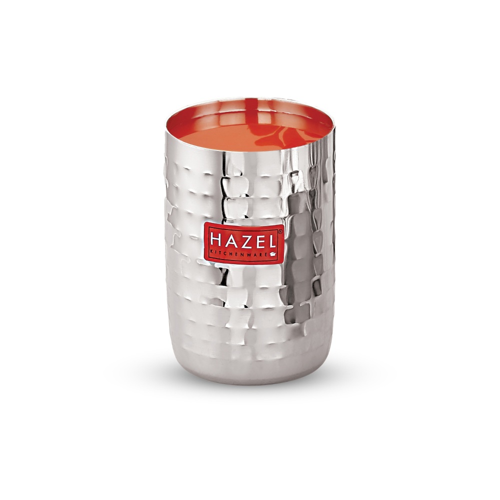 HAZEL Stainless Steel Glasses Set of 6 for Water &  Juice | Hammered Finish Design Unbreakable Glass Set with Glossy Finish Design & Dishwasher Safe, 350 ML