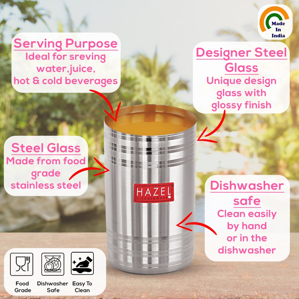 HAZEL Stainless Steel Glass for Drinking Water | Unbreakable Glass Set of 6 with Glossy Finish Design & Dishwasher Safe, 450 ML
