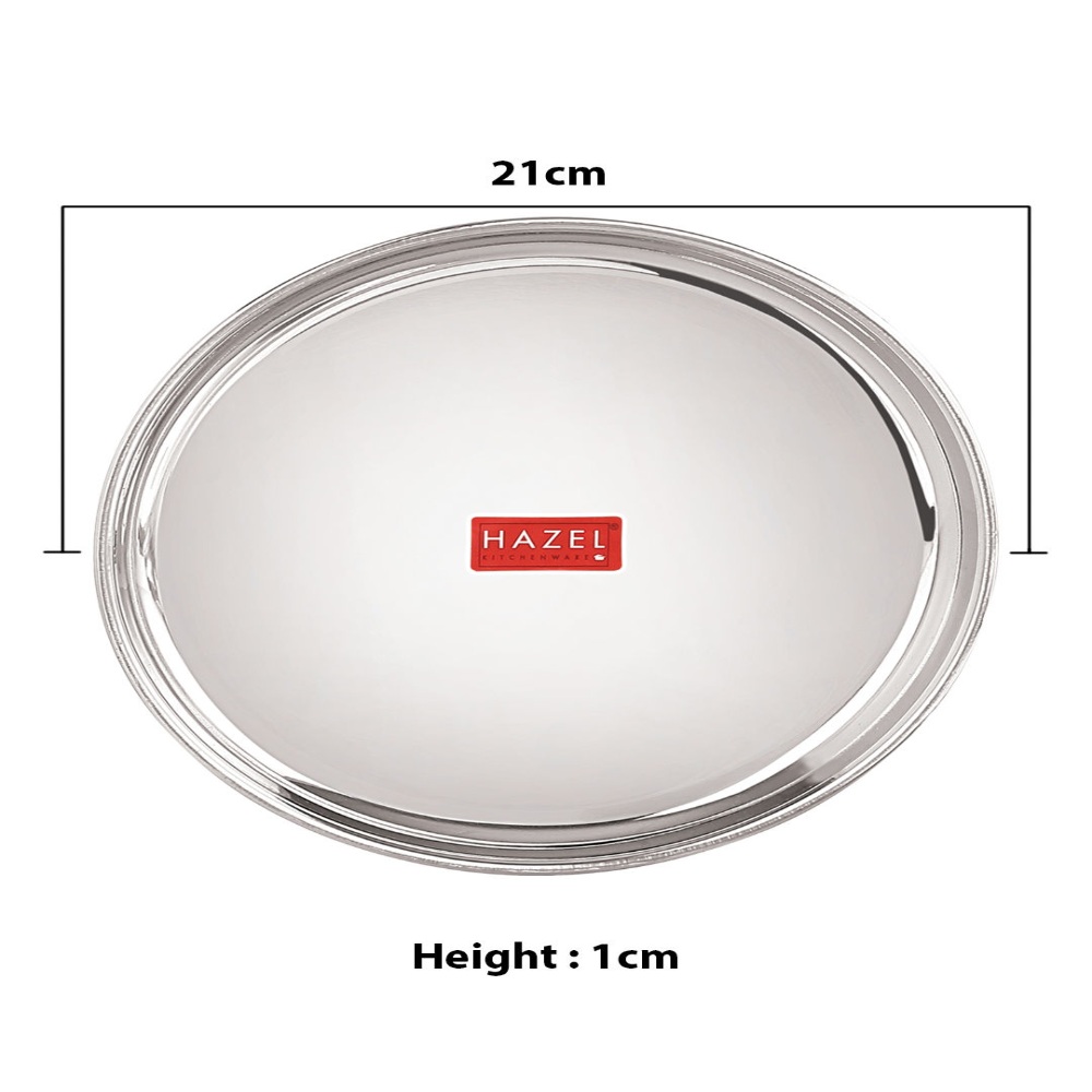 HAZEL Stainless Steel Serving Plate with Glossy Finish | Thali plates For Kitchen | Serveware Snacks Plates for Kids | Breakfast Plates Set of 12, 21 cm
