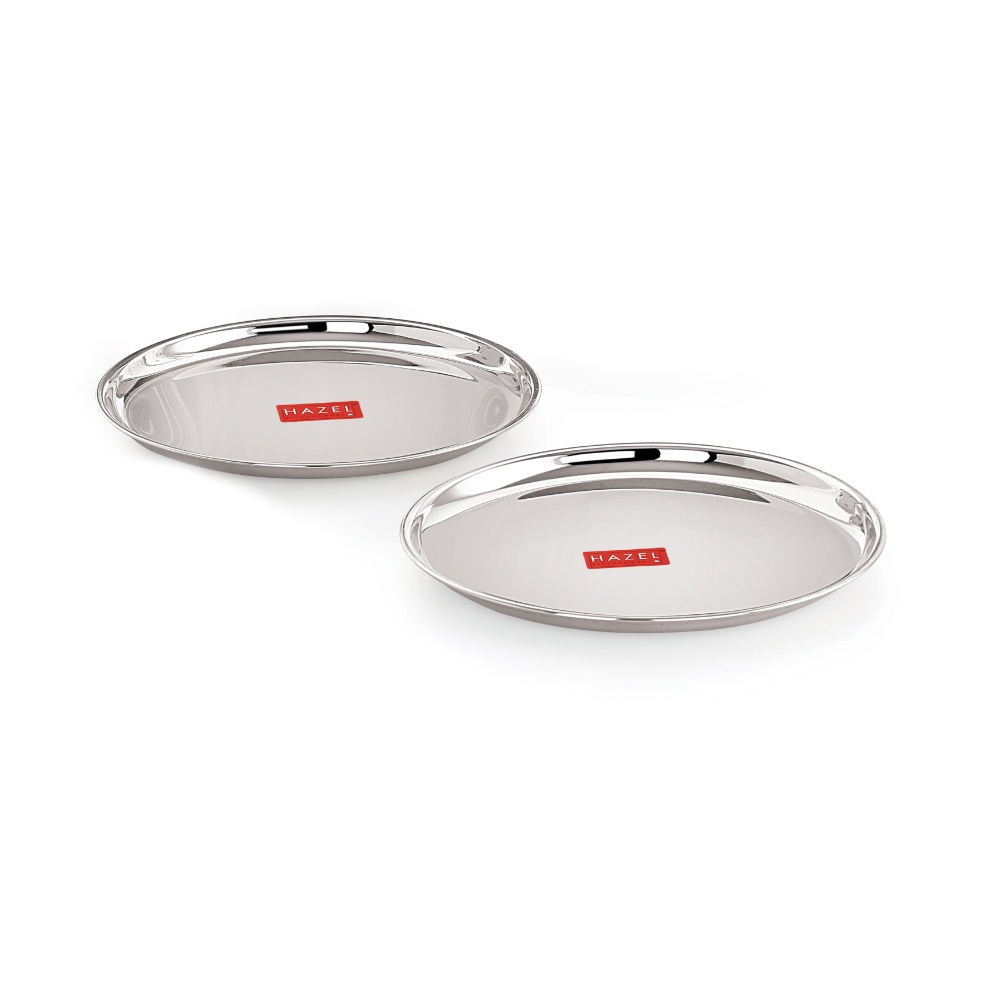 HAZEL Stainless Steel Thali Plates With Mirror Finish | Serveware Tableware Snacks Plates Set for Kitchen Storage Friendly | Steel Kids plate with Glossy finish | Serving Plate Set of 2, 18.5 cm