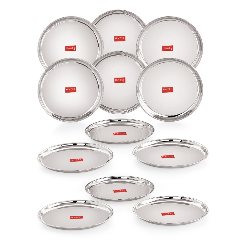 HAZEL Stainless Steel Snack Plates With Mirror Finish | Quarter Plates Set for Kitchen | Steel Plates for Kids | Glossy Finish Thali Set of 12, 16 cm