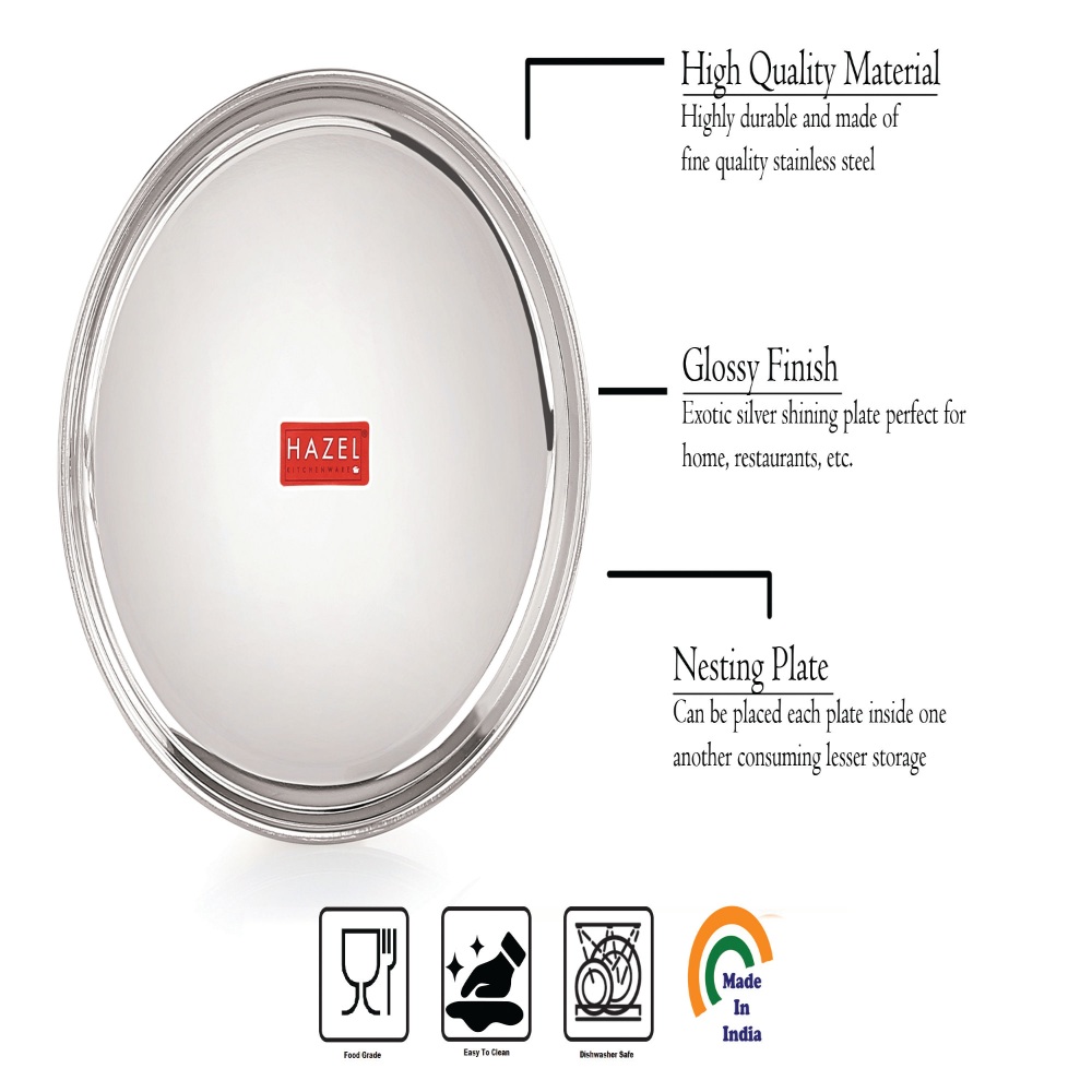 HAZEL Stainless Steel Snack Plates With Mirror Finish | Quarter Plates Set for Kitchen | Steel Plates for Kids | Glossy Finish Thali Set of 12, 16 cm