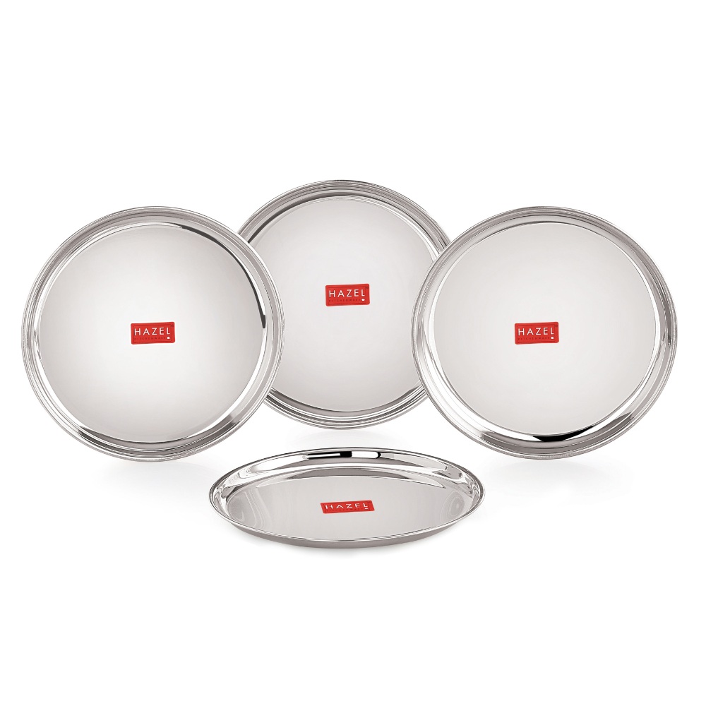 HAZEL Stainless Steel Snack Plates With Mirror Finish | Quarter Plates Set for Kitchen | Steel Plates for Kids | Glossy Finish Thali Set of 4, 16 cm