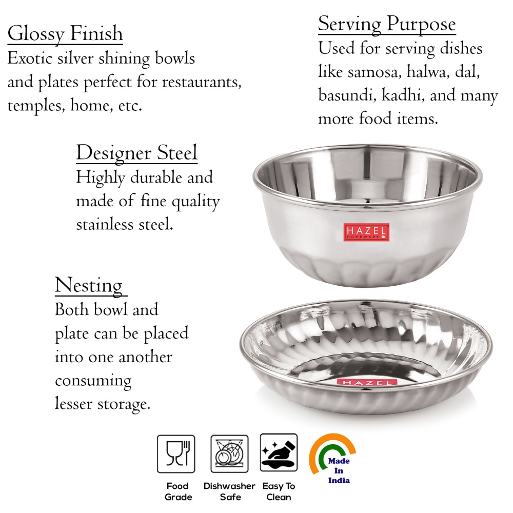 HAZEL Stainless Steel Bowl Plate Wati | Serving Sweet Dish Dessert Plate Vati Katori, Set of 12, Silver (Bowl Dia 10 cm, Plate Dia 12.8 cm)