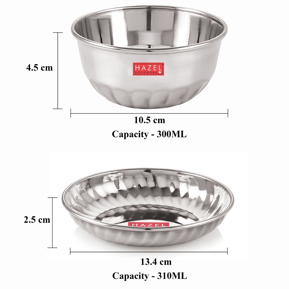 HAZEL Stainless Steel Bowl Plate Wati | Serving Sweet Dish Dessert Plate Vati Katori, Set of 12, Silver (Bowl Dia 10 cm, Plate Dia 12.8 cm)
