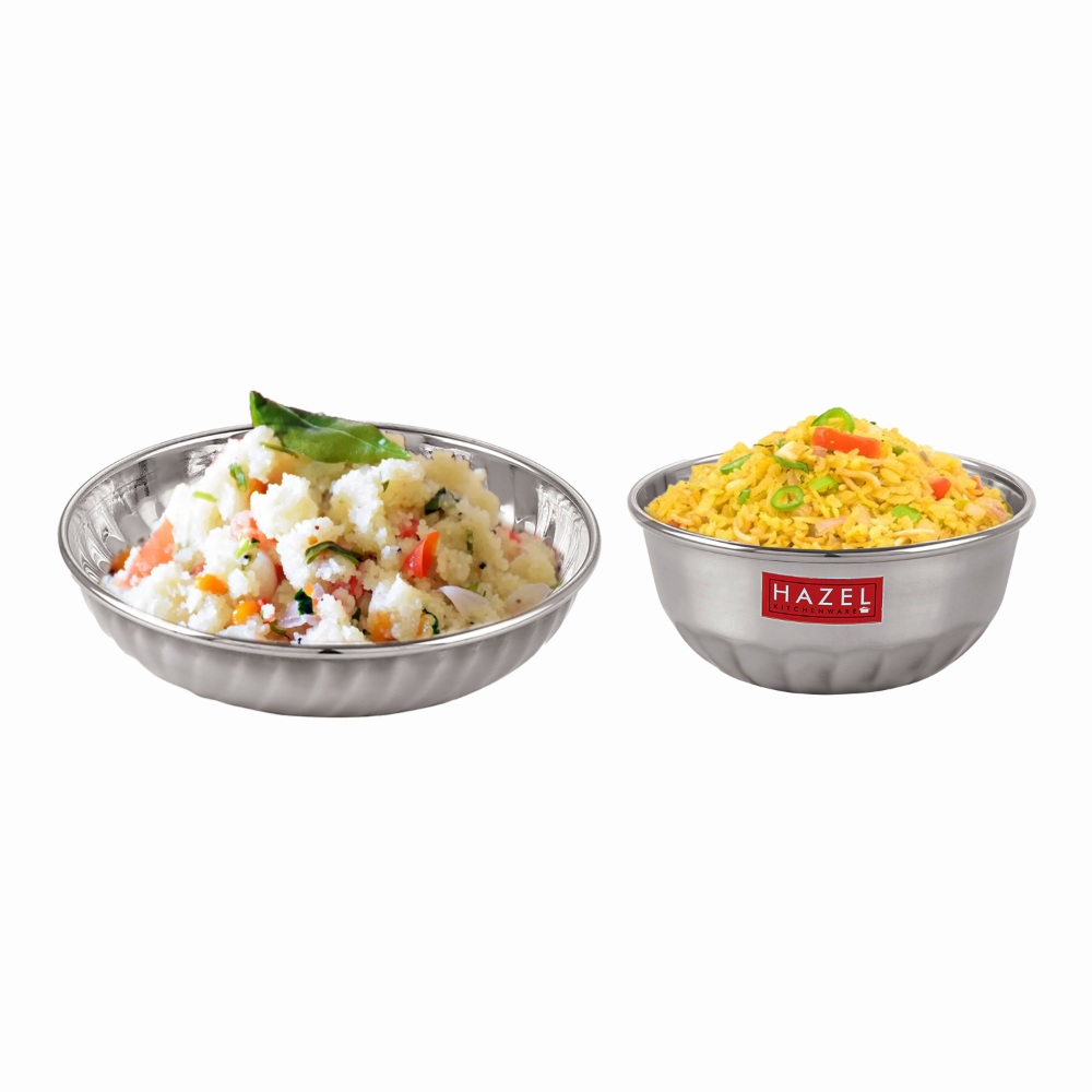 HAZEL Stainless Steel Bowl Plate Wati | Serving Sweet Dish Dessert Plate Vati Katori, Set of 12, Silver (Bowl Dia 10 cm, Plate Dia 12.8 cm)