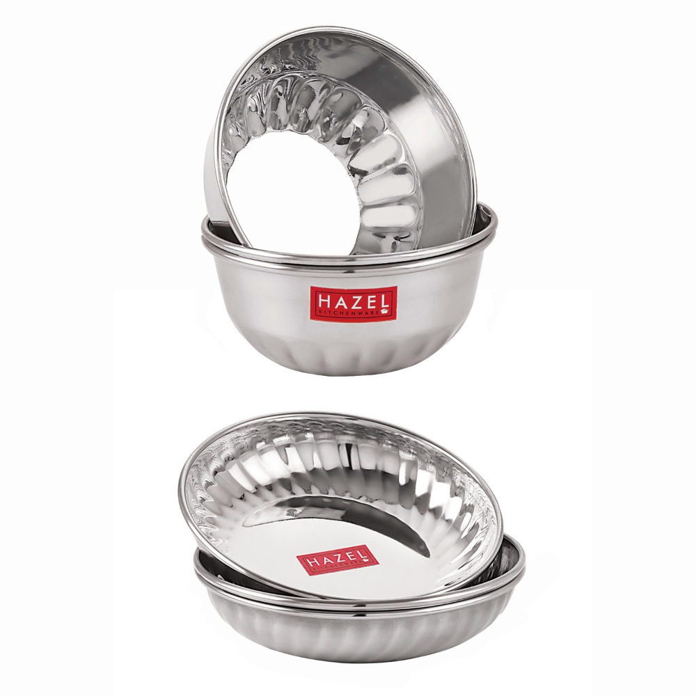 HAZEL Stainless Steel Bowl Plate Wati | Serving Sweet Dish Dessert Plate Vati Katori, Set of 6, Silver (Bowl Dia 10 cm, Plate Dia 12.8 cm)