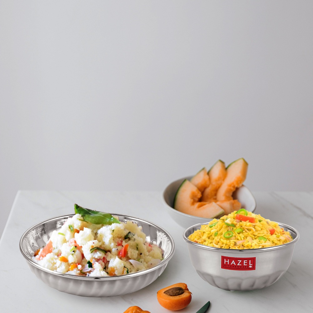HAZEL Stainless Steel Bowl Plate Wati | Serving Sweet Dish Dessert Plate Vati Katori, Set of 6, Silver (Bowl Dia 10 cm, Plate Dia 12.8 cm)