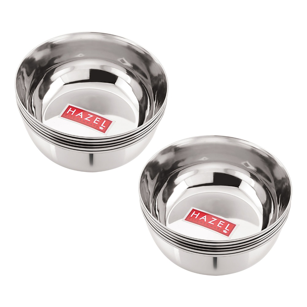 HAZEL Steel Bowl Set of 12 |Stainless Steel Serving Bowl Set | Steel Bowls For Soup, Salad, Ramen, Cereal | Steel Vati Set Of 12