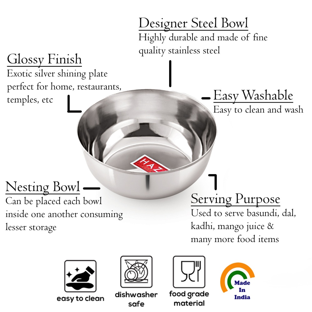 HAZEL Steel Bowl Set of 6 |Stainless Steel Serving Bowl Set | Steel Bowls For Soup, Salad, Ramen, Cereal | Steel Vati Set Of 6