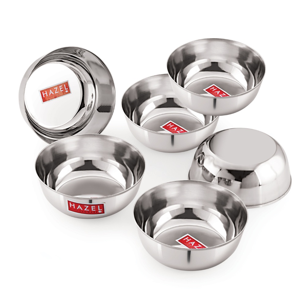 HAZEL Steel Bowl Set of 6 |Stainless Steel Serving Bowl Set | Steel Bowls For Soup, Salad, Ramen, Cereal | Steel Vati Set Of 6