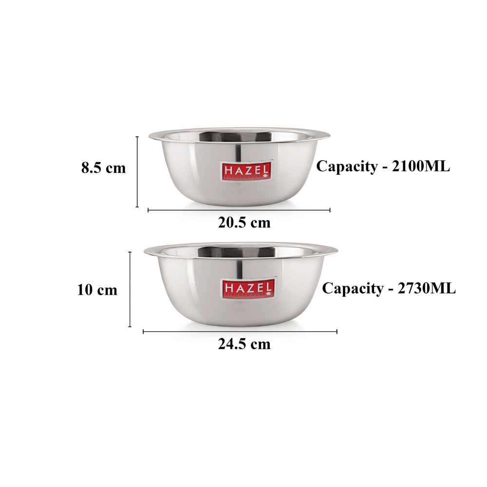 HAZEL Stainless Steel Mixing Bowl | Set of 2 Mixing Bowl For Cake Batter | Steel Bowl Big Size For Baking | 2 Piece, 2100 ml to 2730 ml