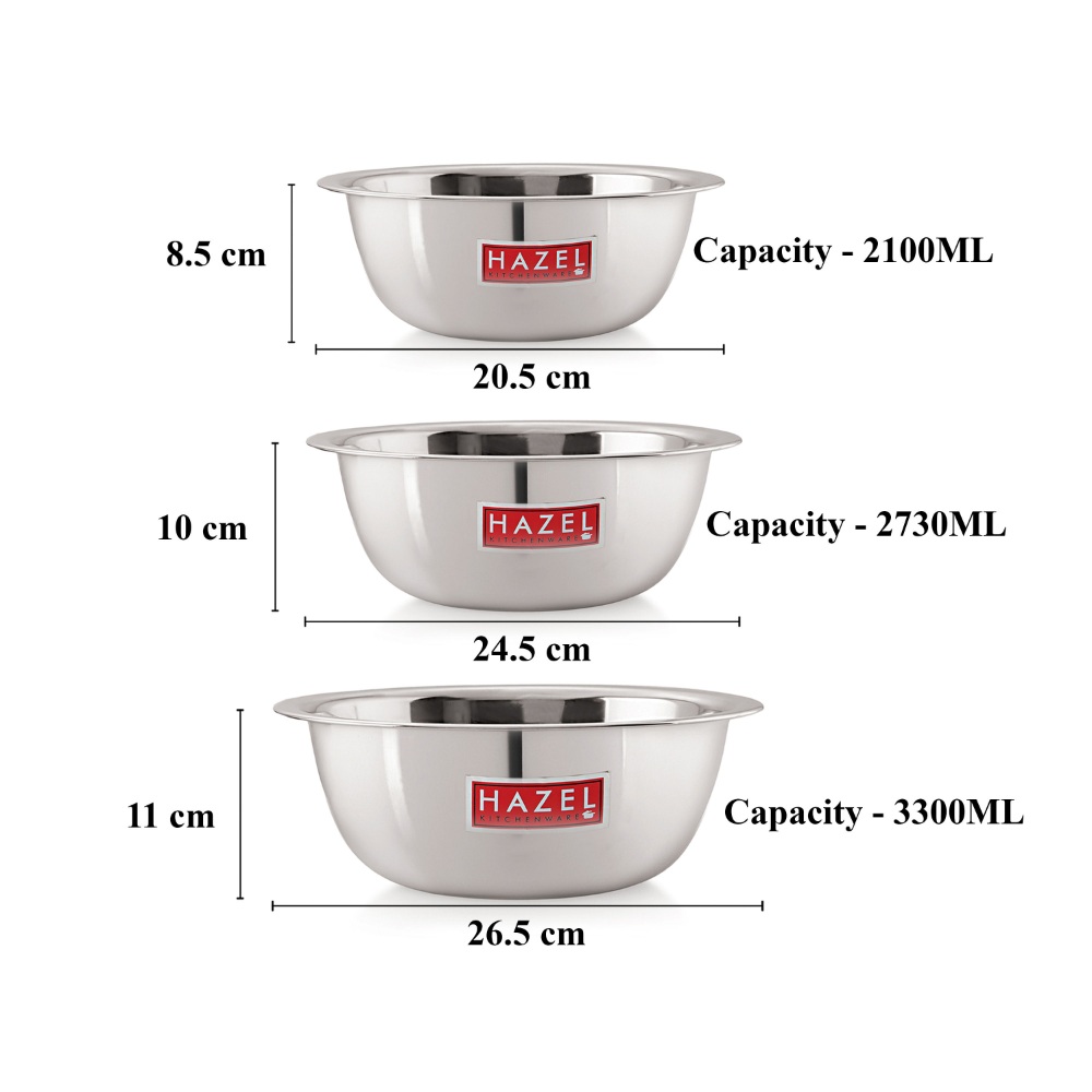 HAZEL Stainless Steel Mixing Bowl | Set of 3 Mixing Bowl For Cake Batter | Steel Bowl Big Size For Baking | 3 Piece, 2100 ml to 3300 ml