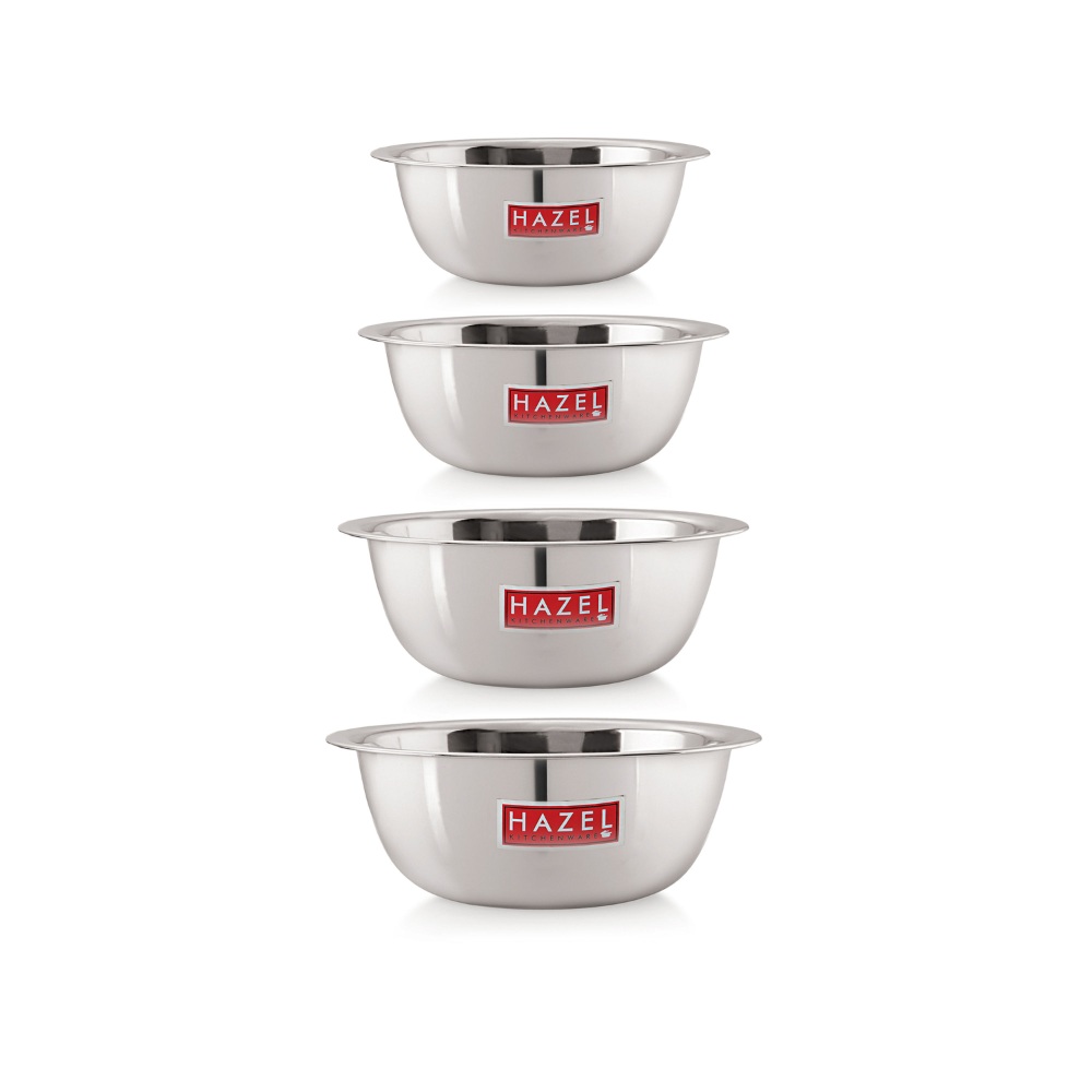 HAZEL Stainless Steel Mixing Bowl | Set of 4 Mixing Bowl For Cake Batter | Steel Bowl Big Size For Baking | 4 Piece, 1100 ml to 2730 ml