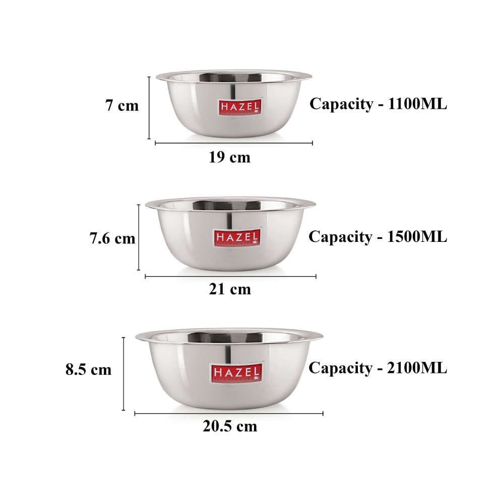 HAZEL Stainless Steel Mixing Bowl | Set of 3 Mixing Bowl For Cake Batter | Steel Bowl Big Size For Baking | 3 Piece, 1100 ml to 2100 ml