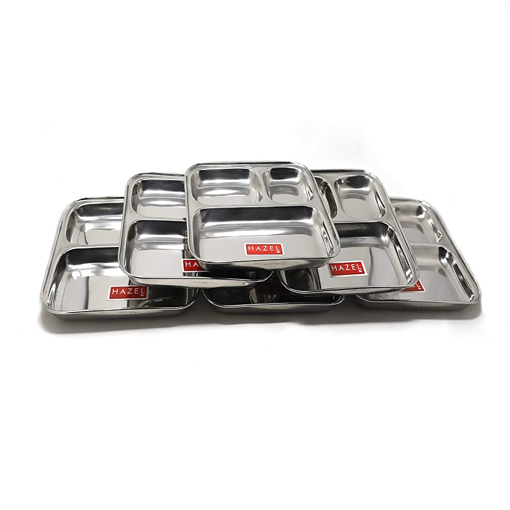 HAZEL Pav Bhaji Plates for Restaurant |Nasta Plate Set of 6 |Steel Compartment Plate Set | Steel Plate With Compartments for Event, Party| 22 cm
