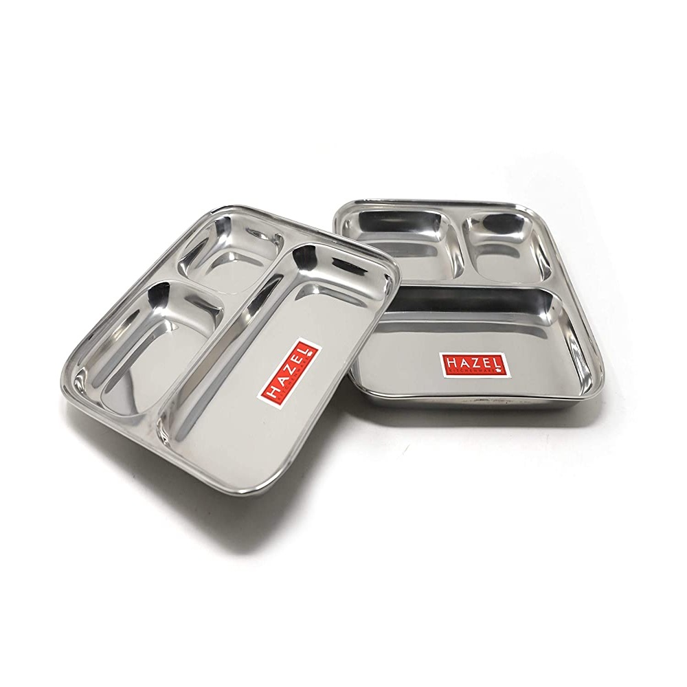 HAZEL Compartment Plate Set Of 2 | Steel Bhojan Thali | Pav Bhaji Plates for Restaurant |Steel Plate With Compartments for Event, Party | 22 cm