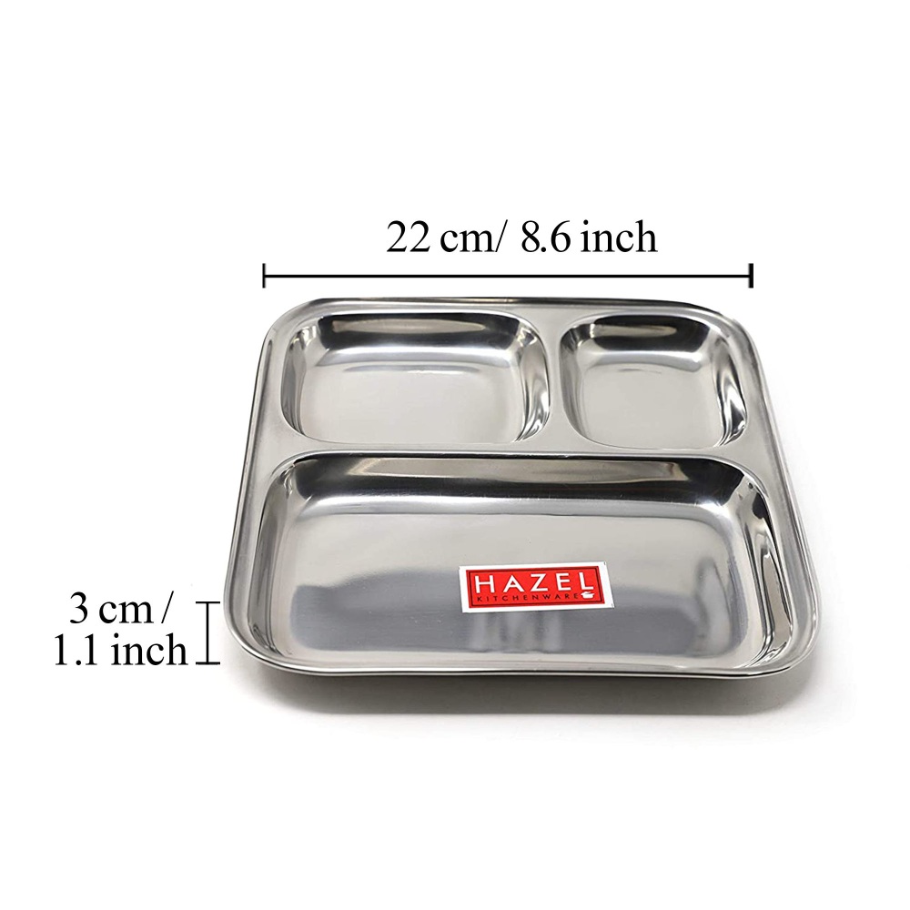 HAZEL Compartment Plate Set Of 2 | Steel Bhojan Thali | Pav Bhaji Plates for Restaurant |Steel Plate With Compartments for Event, Party | 22 cm