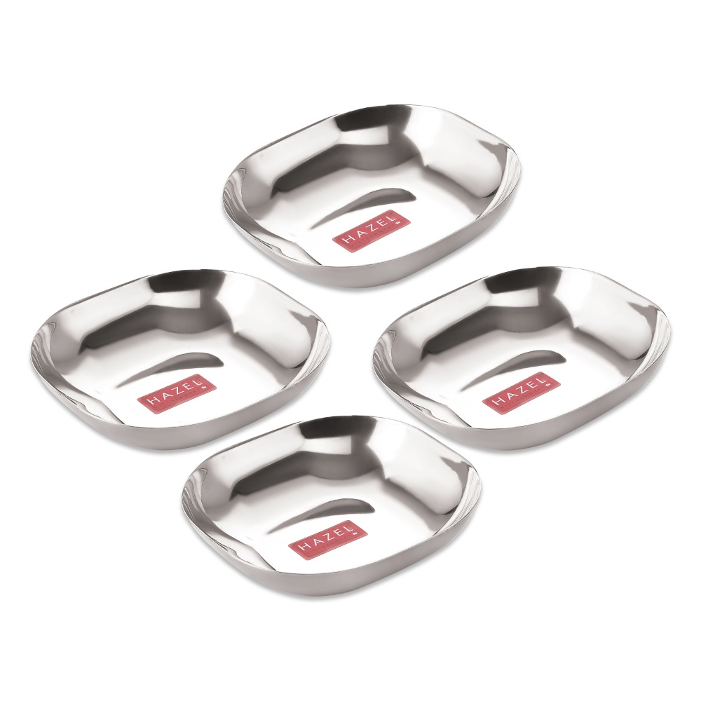 HAZEL Steel Dessert Silver Plate |Square Shaped Steel Plate for Snacks, Breakfast | Stainless Steel Katori Set Of 4 | 450 ml each, Silver