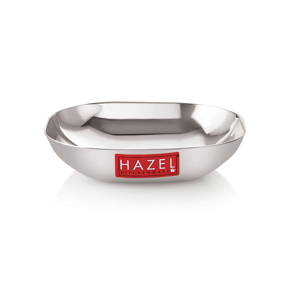 HAZEL Steel Dessert Silver Plate |Square Shaped Steel Plate for Snacks, Breakfast | Stainless Steel Katori Set Of 3 | 450 ml each, Silver