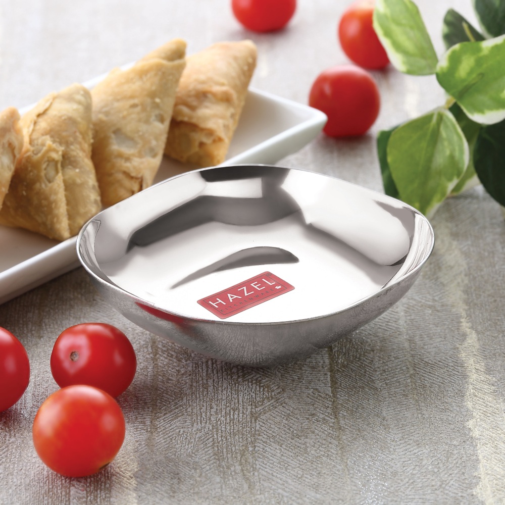 HAZEL Steel Dessert Silver Plate |Square Shaped Steel Plate for Snacks, Breakfast | Stainless Steel Katori Set Of 3 | 450 ml each, Silver