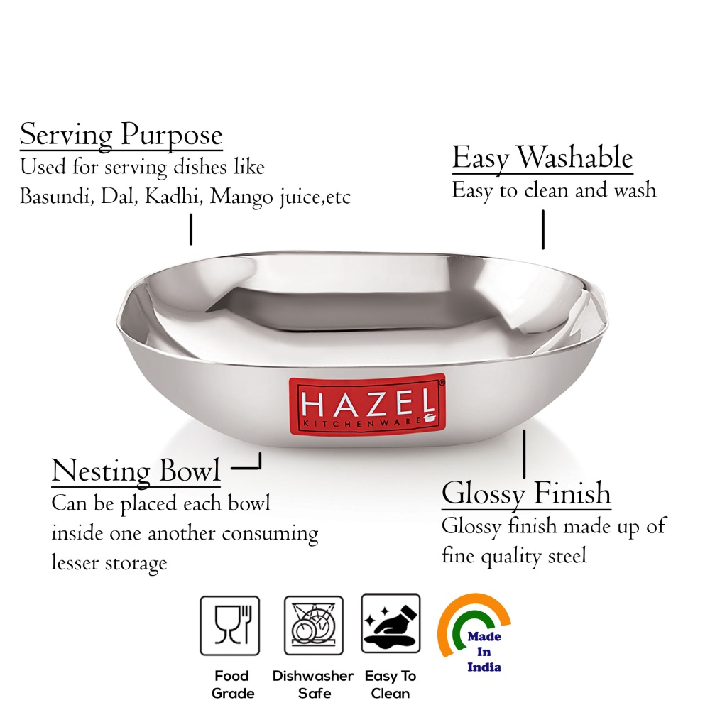 HAZEL Steel Dessert Silver Plate |Square Shaped Steel Plate for Snacks, Breakfast | Stainless Steel Katori Set Of 4 | 400 ml each, Silver