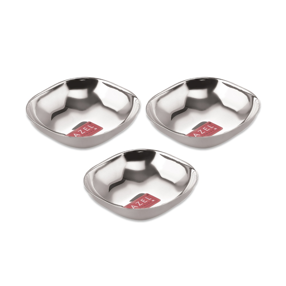 HAZEL Steel Dessert Silver Plate |Square Shaped Steel Plate for Snacks, Breakfast | Stainless Steel Katori Set Of 3 | 260 ml each, Silver
