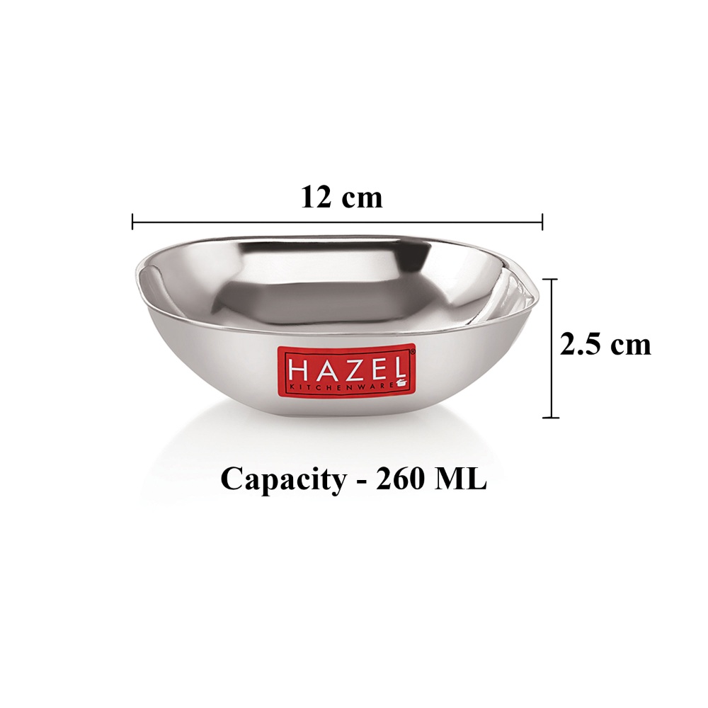 HAZEL Steel Dessert Silver Plate |Square Shaped Steel Plate for Snacks, Breakfast | Stainless Steel Katori Set Of 3 | 260 ml each, Silver