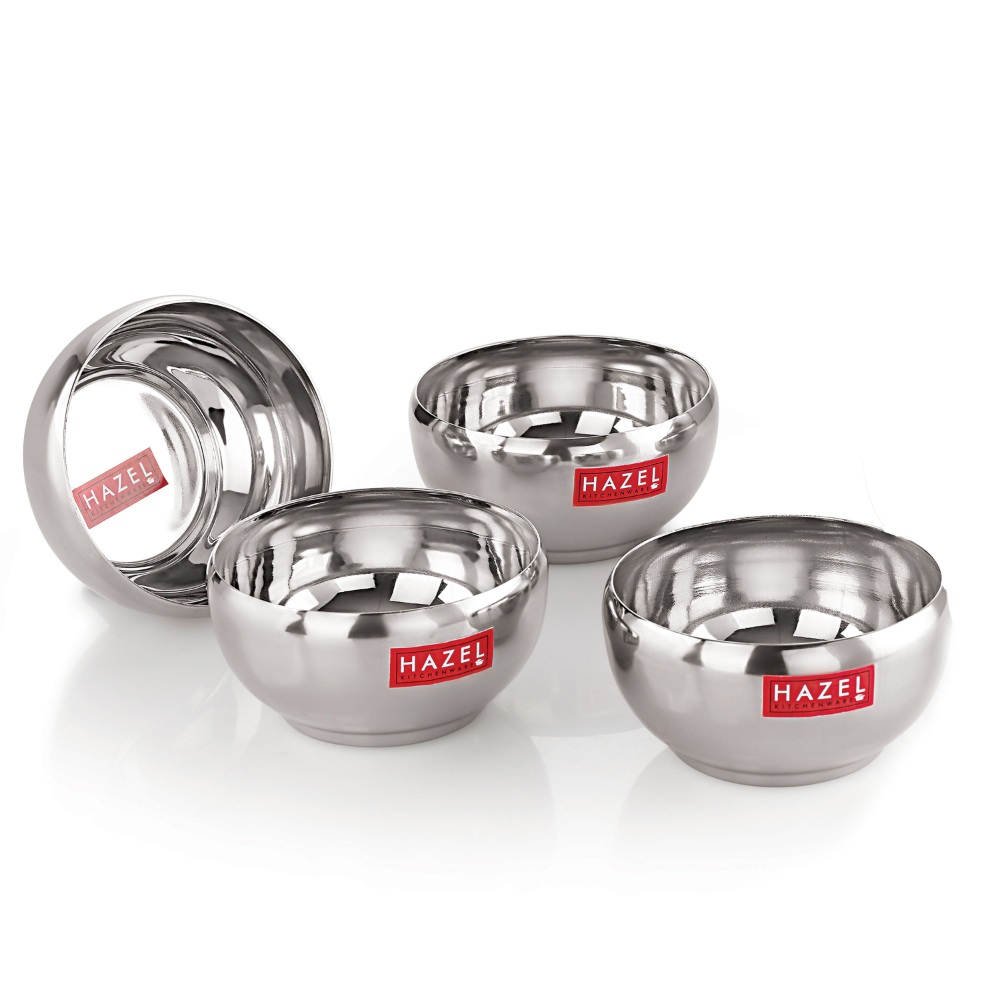 HAZEL Serving Bowl Set of 4 | Stainless Steel Bowl for Dessert, Cereal, Smoothie | Steel Katori Set Of 4 | 200 ml each, Silver

