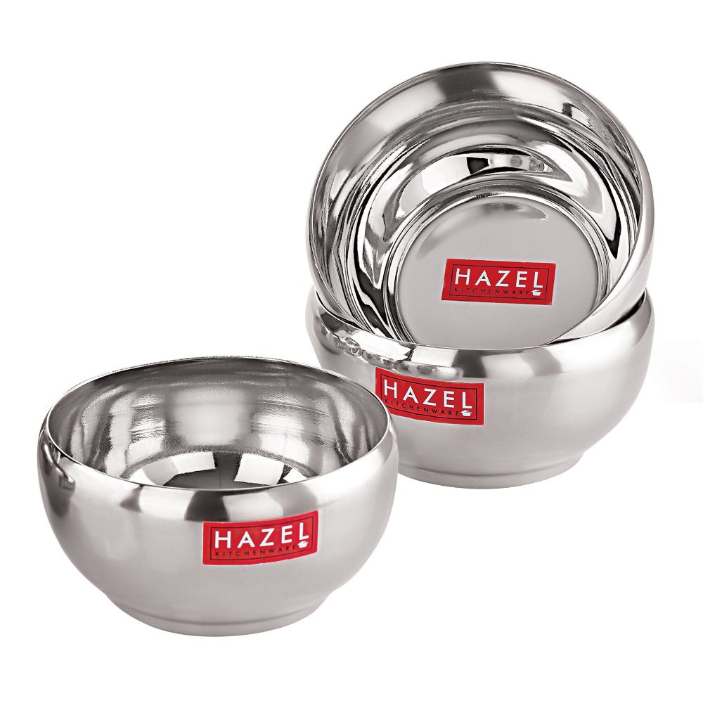 HAZEL Serving Bowl Set of 3 | Stainless Steel Bowl for Dessert, Cereal, Smoothie | Steel Katori Set Of 3 | 200 ml each, Silver

