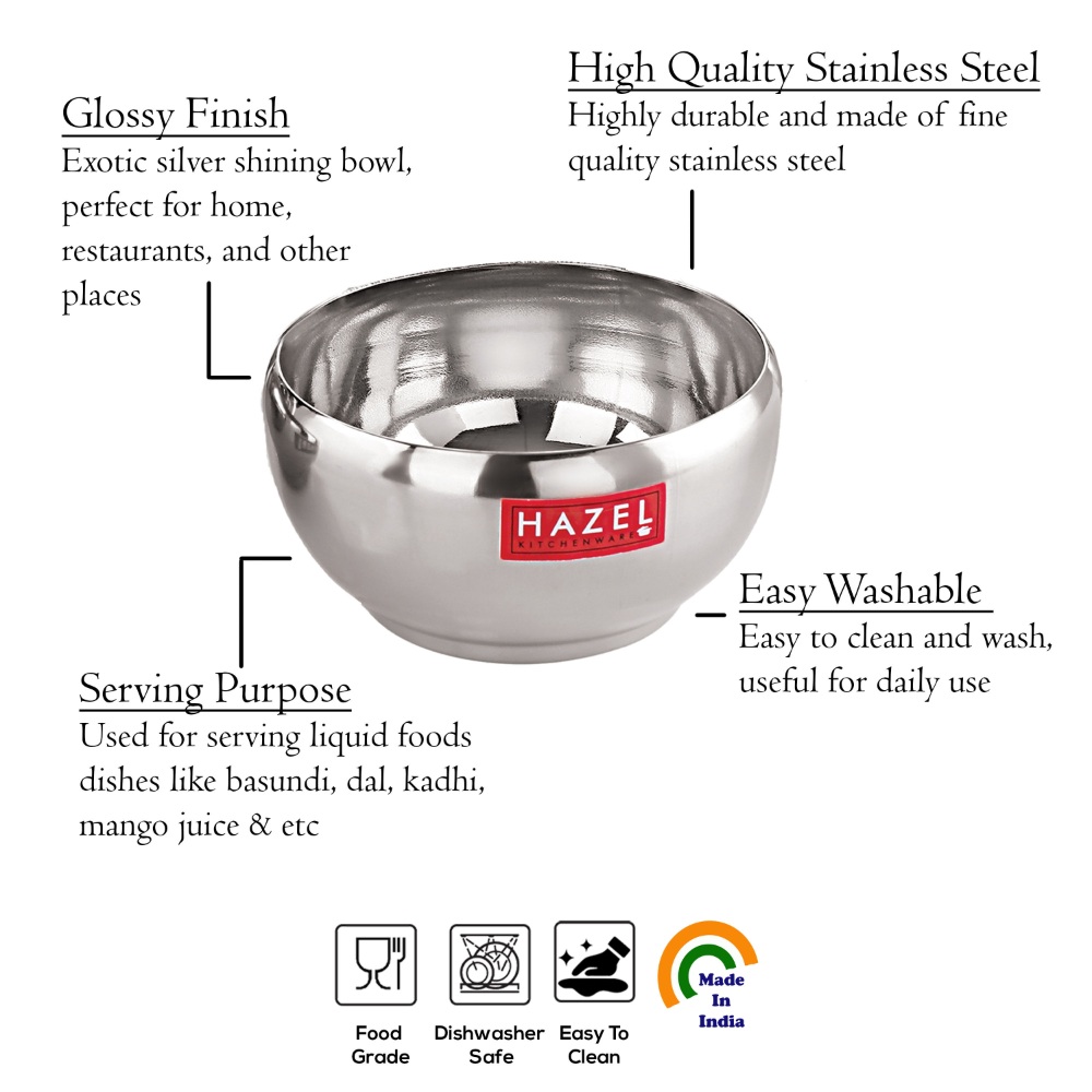 HAZEL Serving Bowl Set of 3 | Stainless Steel Bowl for Dessert, Cereal, Smoothie | Steel Katori Set Of 3 | 200 ml each, Silver

