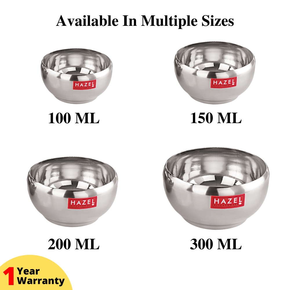 HAZEL Serving Bowl Set of 3 | Stainless Steel Bowl for Dessert, Cereal, Smoothie | Steel Katori Set Of 3 | 200 ml each, Silver

