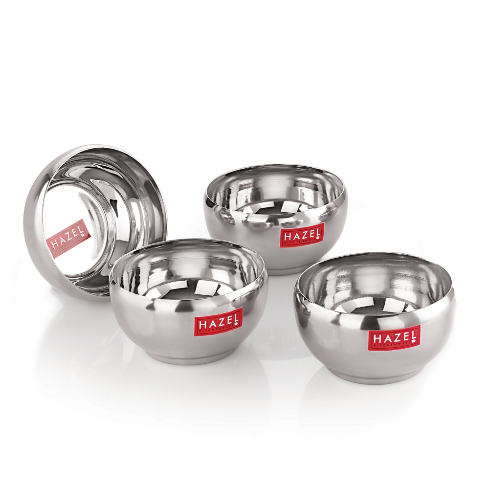 HAZEL Serving Bowl Set of 4 | Stainless Steel Bowl for Dessert, Cereal, Smoothie | Steel Katori Set Of 4 | 300 ml each, Silver

