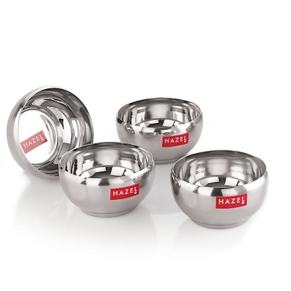 HAZEL Serving Bowl Set of 4 | Stainless Steel Bowl for Dessert, Cereal, Smoothie | Steel Katori Set Of 4 | 150 ml each, Silver

