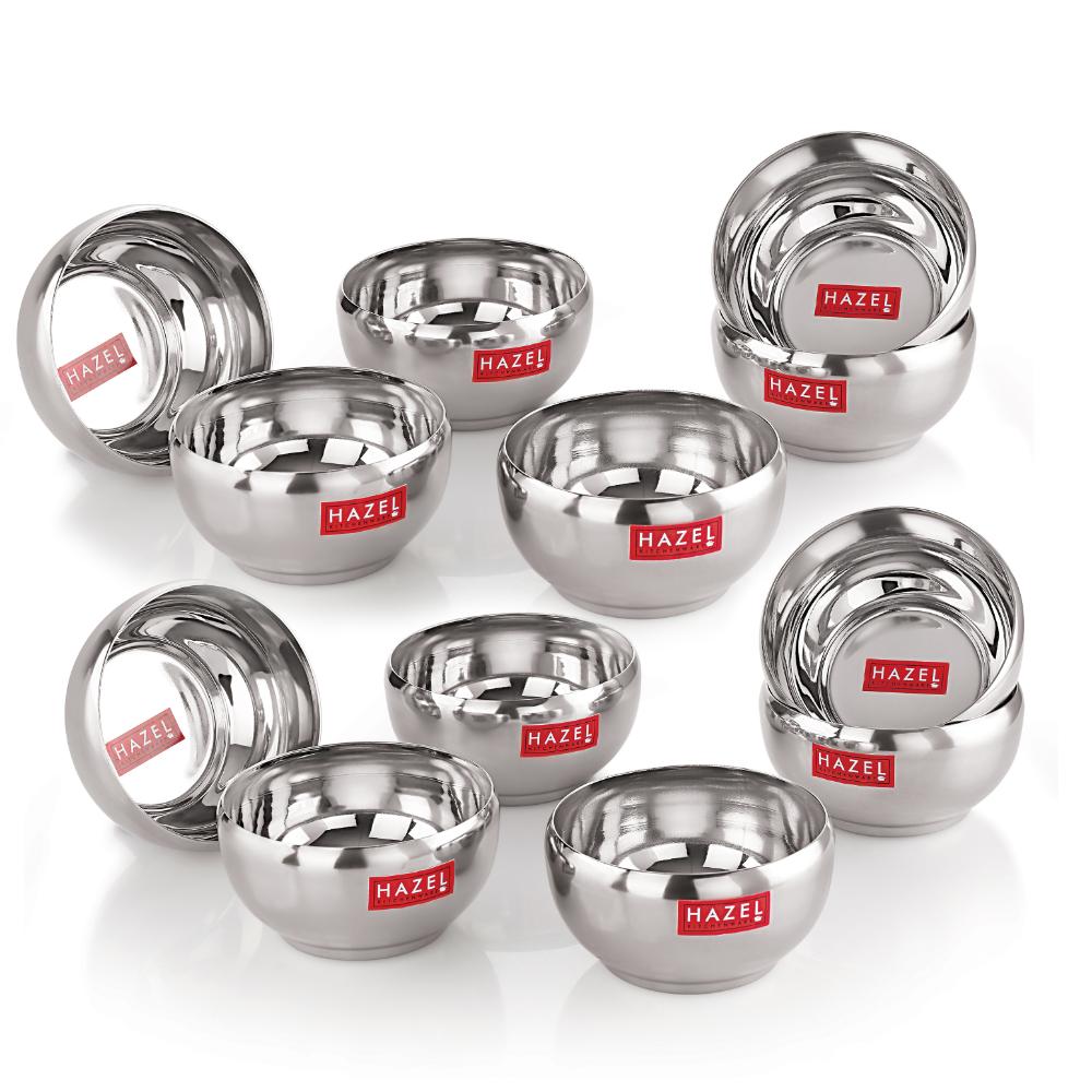 HAZEL Serving Bowl Set of 12 | Stainless Steel Bowl for Dessert, Cereal, Smoothie | Steel Katori Set Of 12 | 100 ml each, Silver

