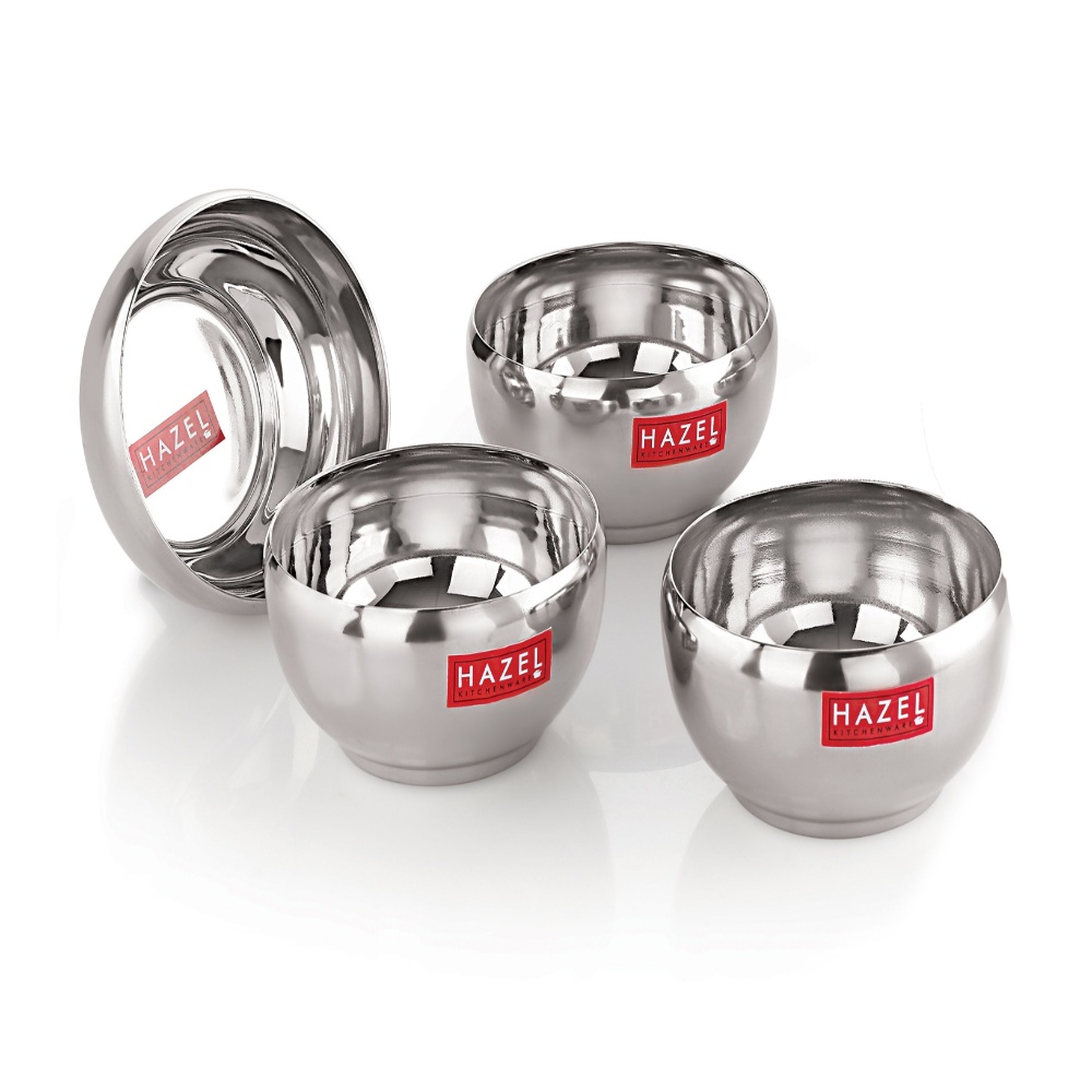 HAZEL Serving Bowl Set of 4 | Stainless Steel Bowl for Dessert, Cereal, Smoothie | Steel Katori Set Of 4 | 100 ml each, Silver

