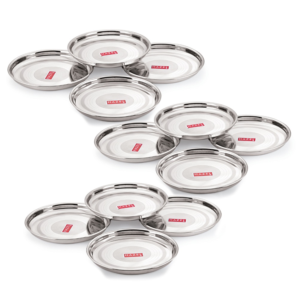 HAZEL Stainless Steel Plate Set For Dinner Launch | Designer Steel Thali Set |Steel Dinnerware, Set of 12, 28.5 cm, Medium