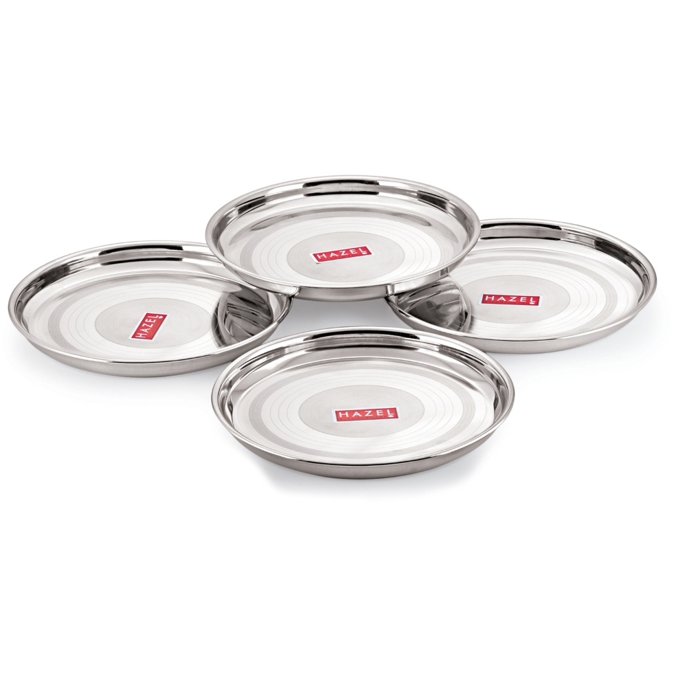 HAZEL Stainless Steel Plate Set For Dinner Launch | Designer Steel Thali Set |Steel Dinnerware, Set of 4, 28.5 cm, Medium