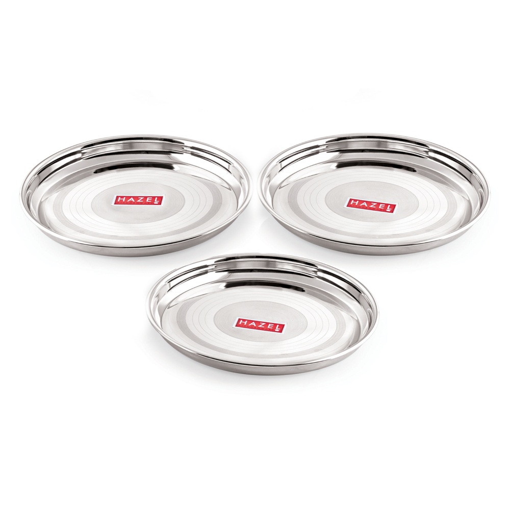 HAZEL Stainless Steel Plate Set For Dinner Launch | Designer Steel Thali Set |Steel Dinnerware, Set of 3, 28.5 cm, Medium