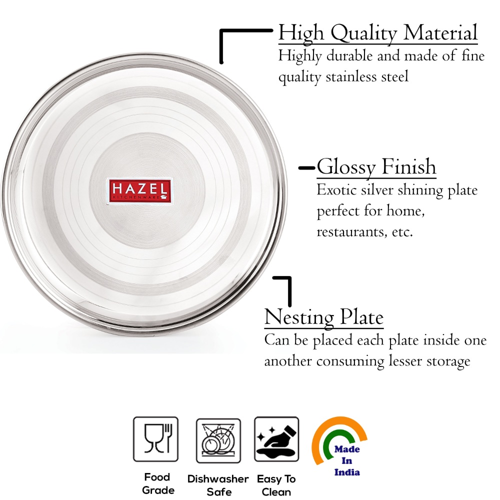 HAZEL Stainless Steel Plate Set For Dinner Launch | Designer Steel Thali Set |Steel Dinnerware, Set of 3, 28.5 cm, Medium