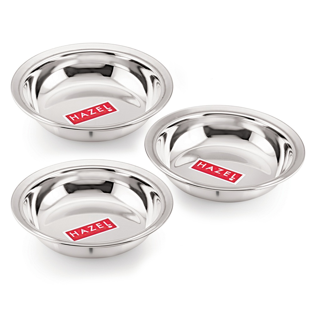 HAZEL Stainless Steel Snack Bowl / Plate Set | Small Steel Bowls Dish For Snacks | Breakfast Bowls, Set of 3, 420 ML