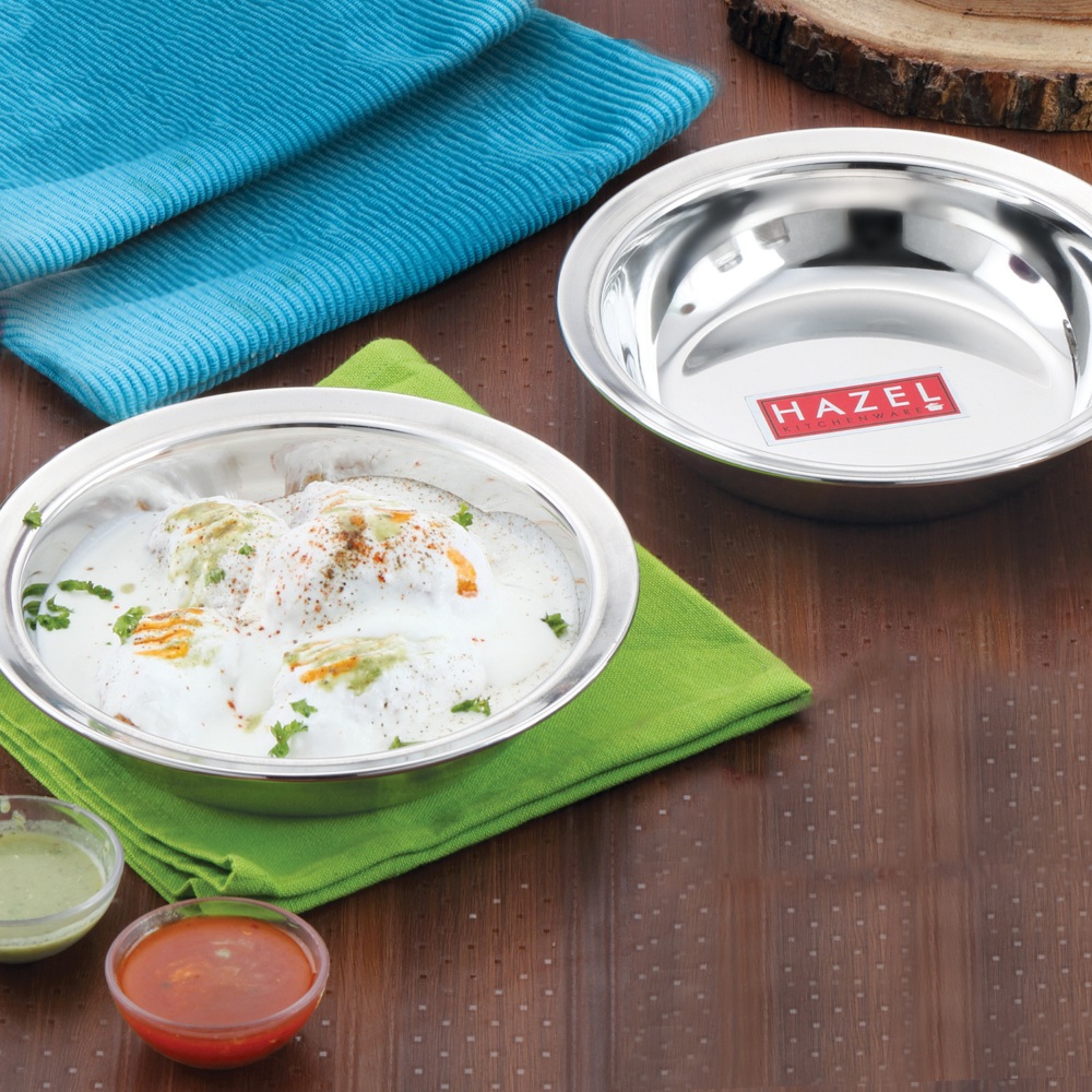 HAZEL Stainless Steel Snack Bowl / Plate Set | Small Steel Bowls Dish For Snacks | Breakfast Bowls, Set of 2, 420 ML