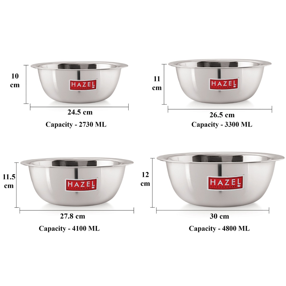 HAZEL Stainless Steel Mixing Bowl |  Mixing Bowl for Cake Batter | Kitchen and Baking Accessories Items, Set of 4, 2730 ML, 3300 ML, 4100 ML, 4800 ML