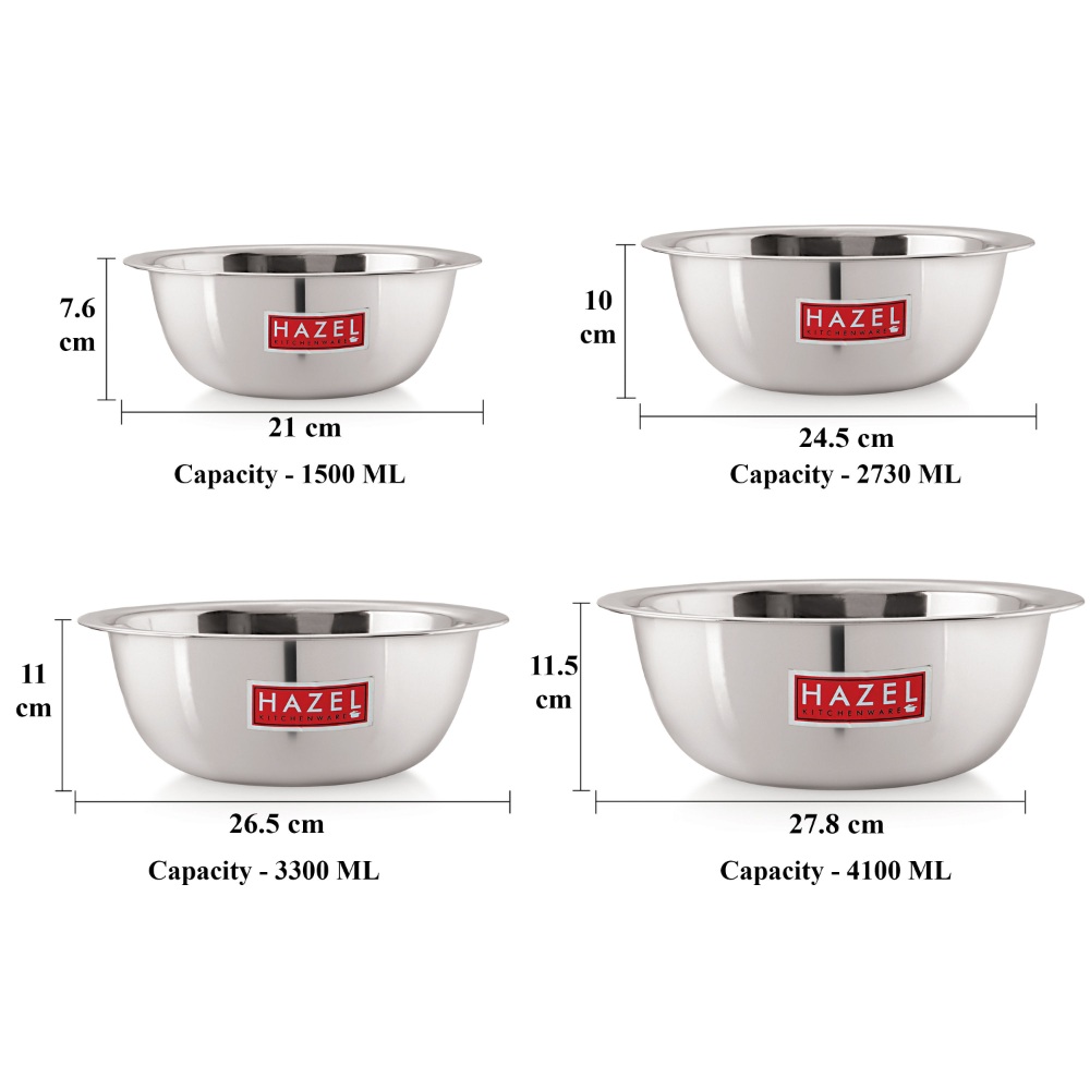 HAZEL Stainless Steel Mixing Bowl |  Mixing Bowl for Cake Batter | Kitchen and Baking Accessories Items, Set of 4, 1500 ML, 2730 ML, 3300 ML, 4100 ML