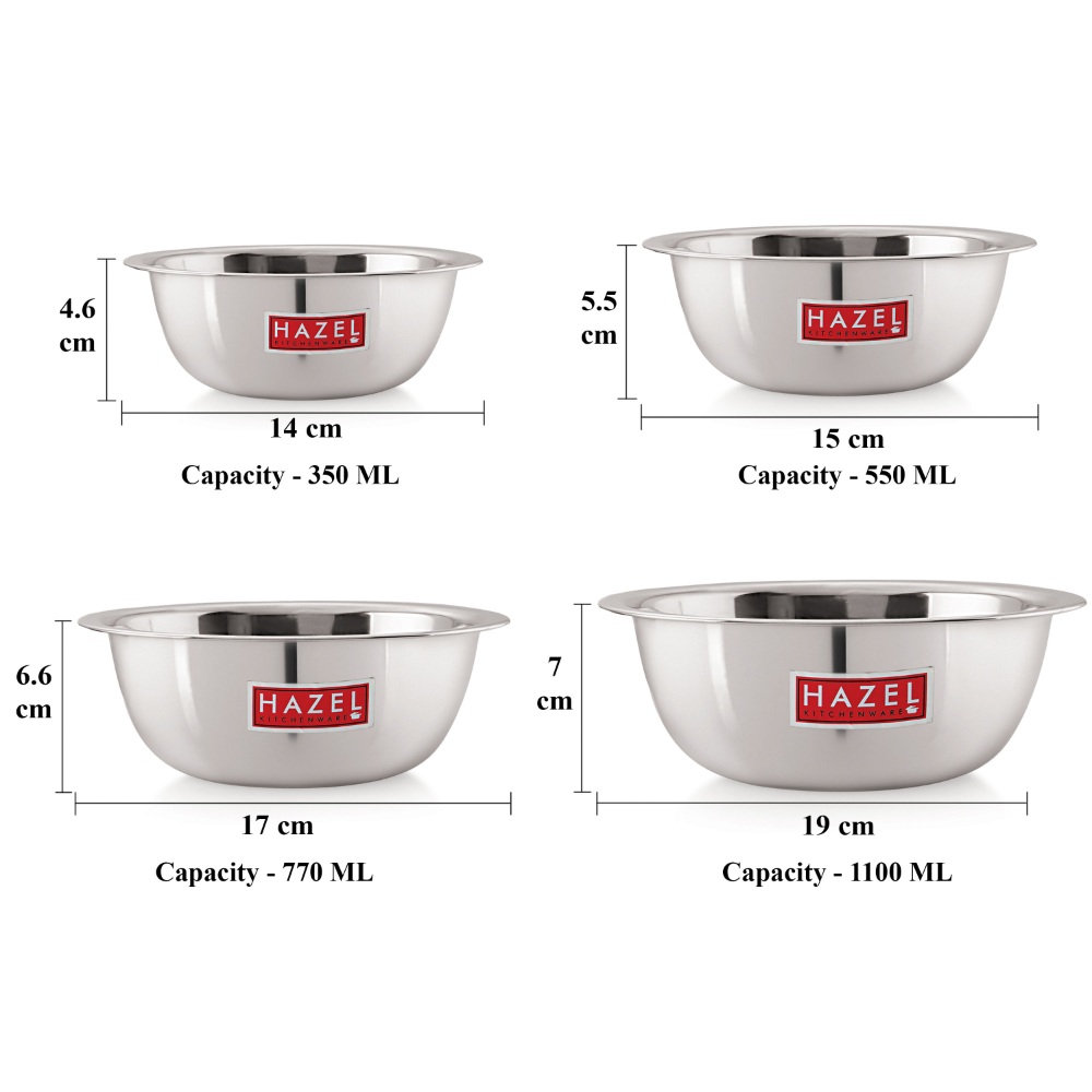 HAZEL Stainless Steel Mixing Bowl |  Mixing Bowl for Cake Batter | Kitchen and Baking Accessories Items, Set of 4, 350 ML, 550 ML, 770 ML, 1100 ML