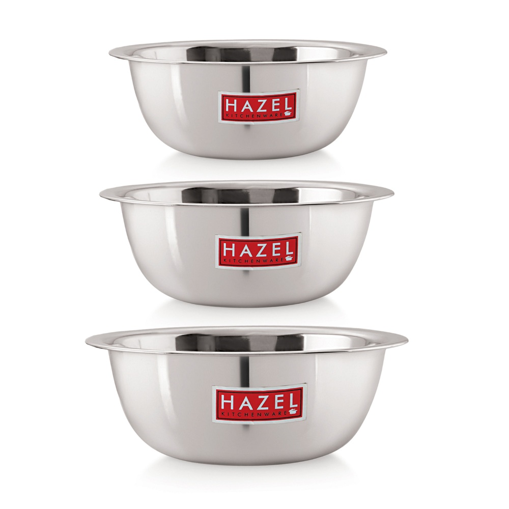 HAZEL Stainless Steel Mixing Bowl |  Mixing Bowl for Cake Batter | Kitchen and Baking Accessories Items, Set of 3, 3300 ML, 4100 ML, 4800 ML